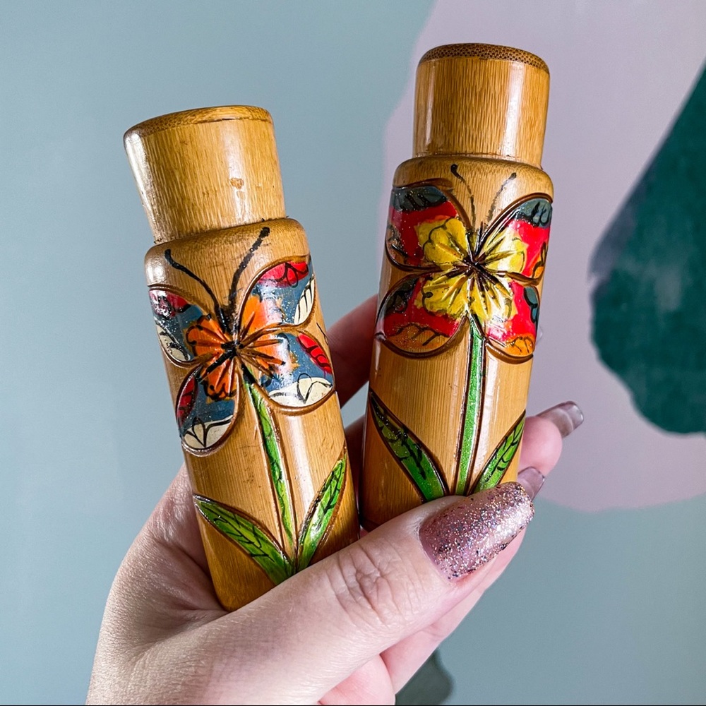 Jamaica Salt & Pepper Shakers Wooden with hand painted Butterfly design VTG